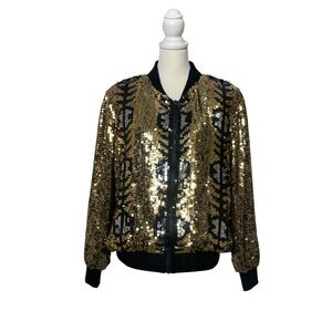 Jewel Queen Black Gold Sequin Bomber Jacket Silk Glam Evening Statement Coat